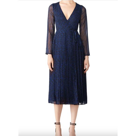 Fame and Partners Joslyn Blue Black Stone Dot Chiffon V-Neck Waist Maxi Dress 8 - Picture 1 of 12